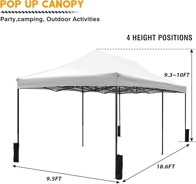 10x20fT Pop-Up Canopy Tent – Adjustable Height Outdoor Gazebo, Quick Setup with Sandbags, Ground Stakes & Ropes, Perfect for Outdoor Activities, White