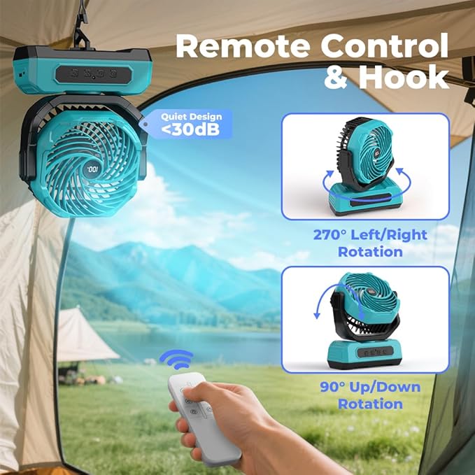 30000mAh Portable Camping Fan with RGB Lantern, Rechargeable Battery Powered Oscillating 4 Wind Speeds LED Display, Remote Control Timer Tent Beach Cordless USB Fans for Travel Home Outdoor, Blue