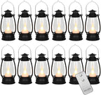 12PCS Black Mini Lanterns with Remote Control, 5.1" H/13cm (6.7" H with Handle) Vintage LED Lantern Decorative - Christmas Table Centerpieces, Western Party Decorations & Camping Party Decor