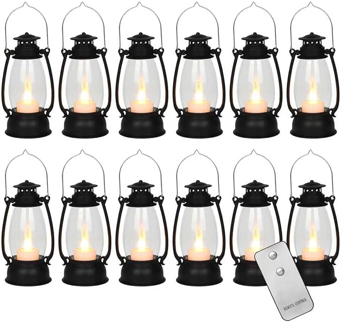 12PCS Black Mini Lanterns with Remote Control, 5.1" H/13cm (6.7" H with Handle) Vintage LED Lantern Decorative - Christmas Table Centerpieces, Western Party Decorations & Camping Party Decor