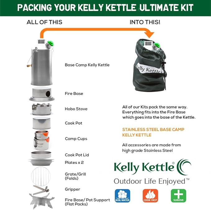 Kelly Kettle Ultimate Base Camp Kit – 54 oz Large Stainless Steel Camp Kettle, Lightweight Camping Kettle with Whistle, Kelly Kettle Stove for Fishing, Hunting, Hiking
