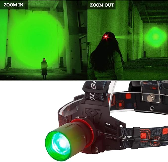 GRACETOP Green LED Headlamp Rechargeable, Greenlight Zoomable Green LED Flashlight, Hands-Free Headlight Torch Lamp for Hunting Hiking Camping Fishing Reading Running