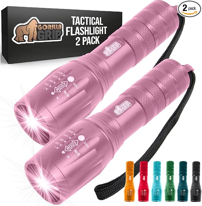 GORILLA GRIP Powerful LED 750 FT Water Resistant 5 Adjustable Mode Tactical Flashlight, High Lumens Ultra Bright Battery Zoom Flashlights, Small Camping Car Mini Flash Light Accessories, 2 Pack, Pink