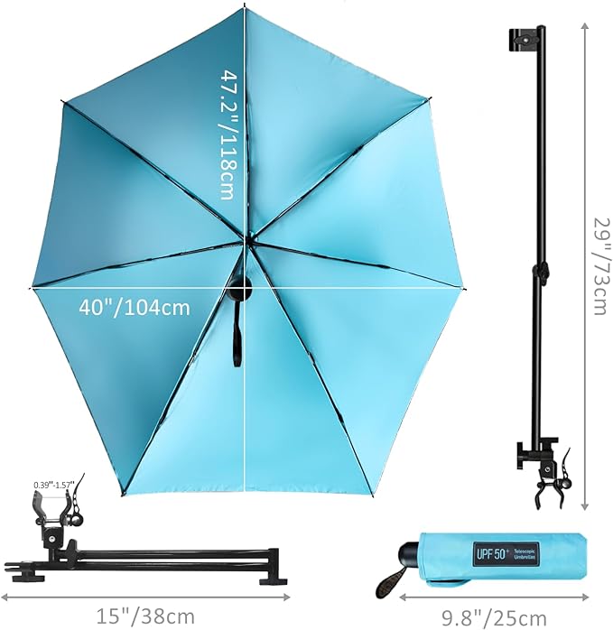 Upf 50+ Chair Umbrella With Clamp/Sun Shade - Portable Umbrella For Sports & Outdoors - Secure Clamp, 360-Degree Swivel Adjustable Position For Maximum Sun Protection