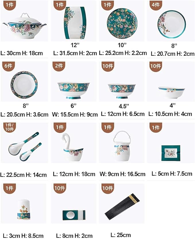 Dinnerware Sets Dish Set 70Pcs Bone China dinnerware Set, Palace Style Color Ceramic Tableware Set, Service for 10 People