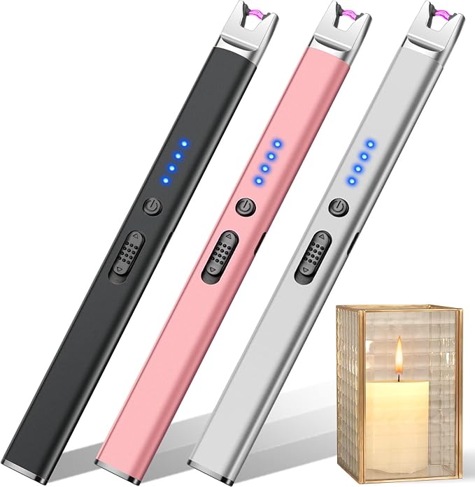LcFun 3 Pack Candle Lighter Electric USB Rechargeable Plasma Arc Lighters with Safety Lock, Windproof Flameless Long Matches for Candle, Grill, BBQ, Camping, Gas Stoves (Pink,Black,Silver)