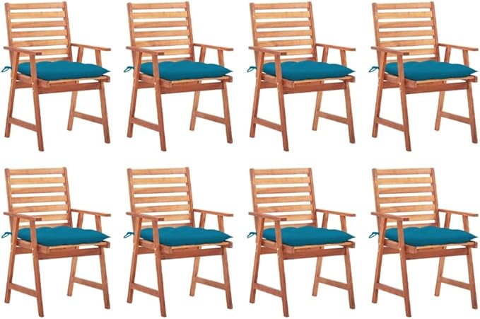 Patio Dining Chairs 8 pcs,Lawn Chair,Camping Chair,Garden Chair,Featuring Slatted Design,Waterproof Cushion,Each Cushion Features 2 Sets of Ropes, with Cushions Solid Acacia Wood