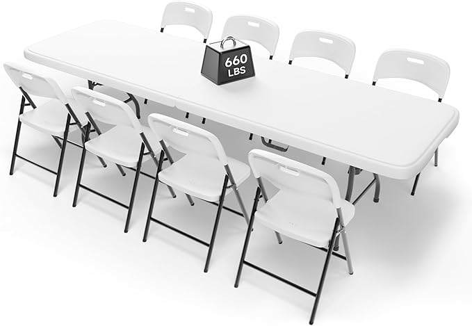 8FT Folding Table Set with 8 Folding Chairs, Heavy Duty 660 lbs Table & 600 lbs Chairs, Portable Folding Furniture Bundle for Camping, Party, Indoor & Outdoor Use