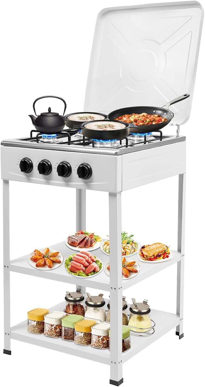 4 Burners Natural Gas Stoves, Portable Outdoor Stove with 2 Tier Storage Rack, Free Standing Grill Dual Natural Gas Cooker for Camping Picnic Home RV Cooking (White-2)