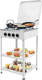 4 Burners Natural Gas Stoves, Portable Outdoor Stove with 2 Tier Storage Rack, Free Standing Grill Dual Natural Gas Cooker for Camping Picnic Home RV Cooking (White-2)