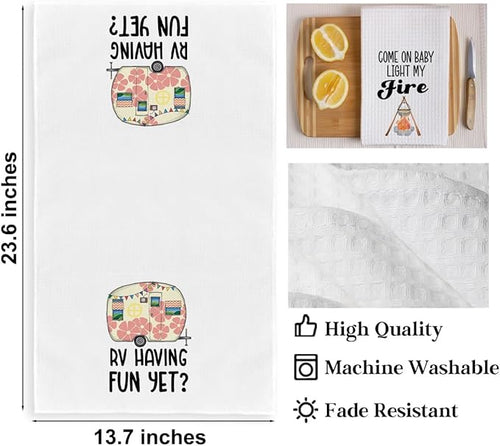 4Pcs Camper Kitchen Towel, Camping Gift, Camp Kitchen, RV Decor, Vintage Trailer Camper Decor, Motor Home Decoration Towels, Retirement Gift, Waffle Weave Hand Towels for Kitchen Camp