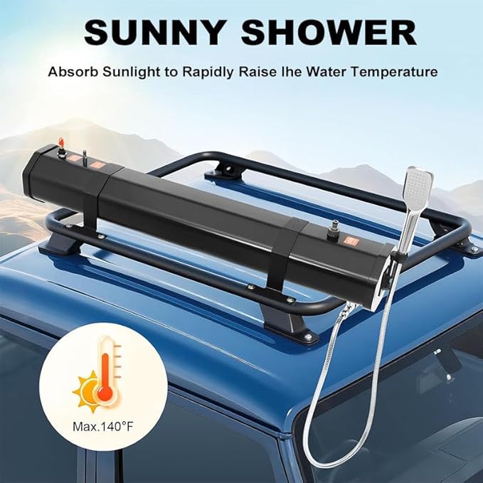 7.9Gallon Portable Camping Solar Shower, Roof Rack Mount Road Shower Pressurized Water Tank w/Storage Bag and 5.58ft Hose, Outdoor Activities Water Supply for SUVs Sedans RVs Trucks,30L/7.93Gal