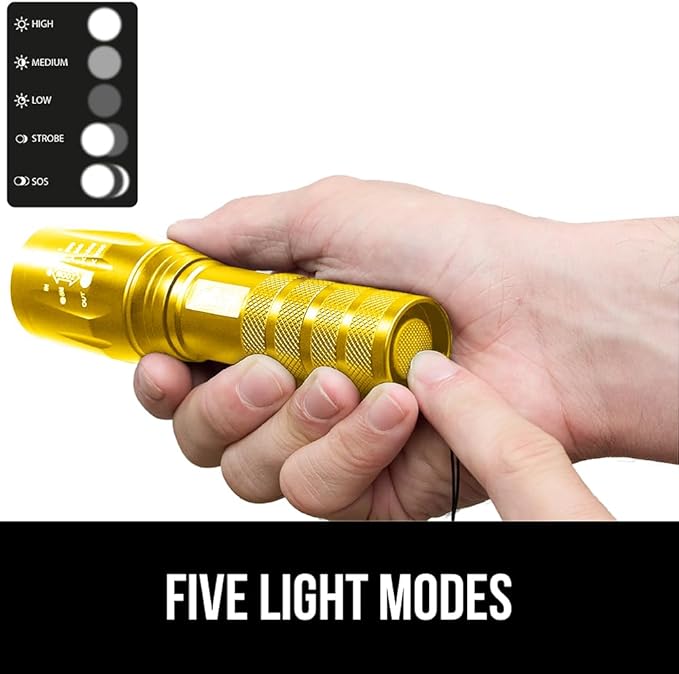 GORILLA GRIP Powerful LED Tactical Flashlight, 750 FT High Lumens 5 Adjustable Modes, Water Resistant, Ultra Bright Zoom Flashlights, Small Mini Flash Light, Camping, Night Dog Walking, 2 Pack Gold