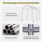 Aoxun 6x8x7 FT Outdoor Portable Storage Shed Tent with Roll-up Zipper Door and Window Portable Carport with Waterproof Tarp Galvanized Steel for Motorcycle, Generator, Bike Storage (White)