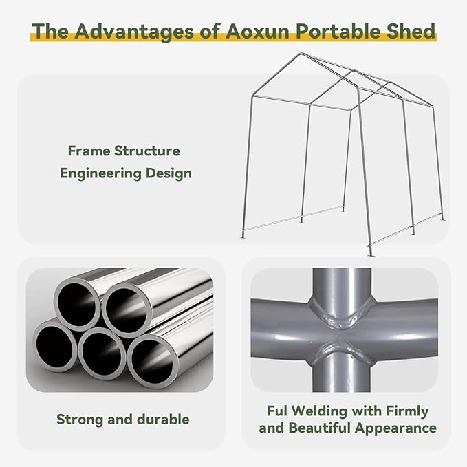 Aoxun 6x8x7 FT Outdoor Portable Storage Shed Tent with Roll-up Zipper Door and Window Portable Carport with Waterproof Tarp Galvanized Steel for Motorcycle, Generator, Bike Storage (White)