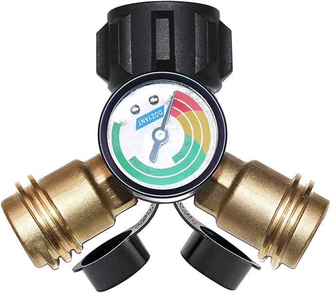 DOZYANT Propane Tank Y Splitter Adapter Gauge, Propane 2 Way LP Gas Adapter Tee Connector Adapter for 5lb to 40lb Propane Tank Cylinder, Universal for Gas Grill, RV Camper, More Appliances