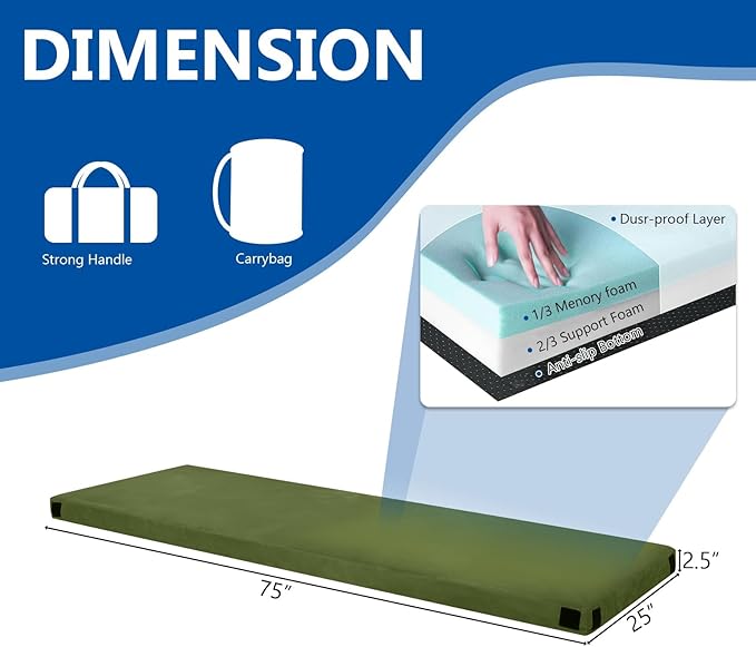 Memory Foam Camping Mattress Pad, Camping Essentials, Portable Mat, Guest Bed for Sleepover Car, Roll Up Floor Bed for Tent, Cot, Truck, SUV, Outdoor Travel with Travel Bag