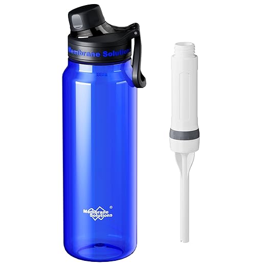 Filtered Water Bottle, Membrane Solutions C3 Water Bottle Filter with Replaceable ACFX2 Filter Cartridge, Portable Water Filter 36oz BPA-Free for Travel, Hiking & Camping Drinking use(Blue)