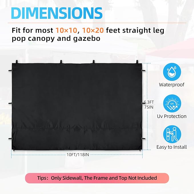 Joramoy Instant Canopy Sunwall 10×10 for Pop Up Canopy, Waterproof, UV Protection Canopy Sidewall, 1 Pack Straight Leg Canopy Side Panels Only（10×10, Black)