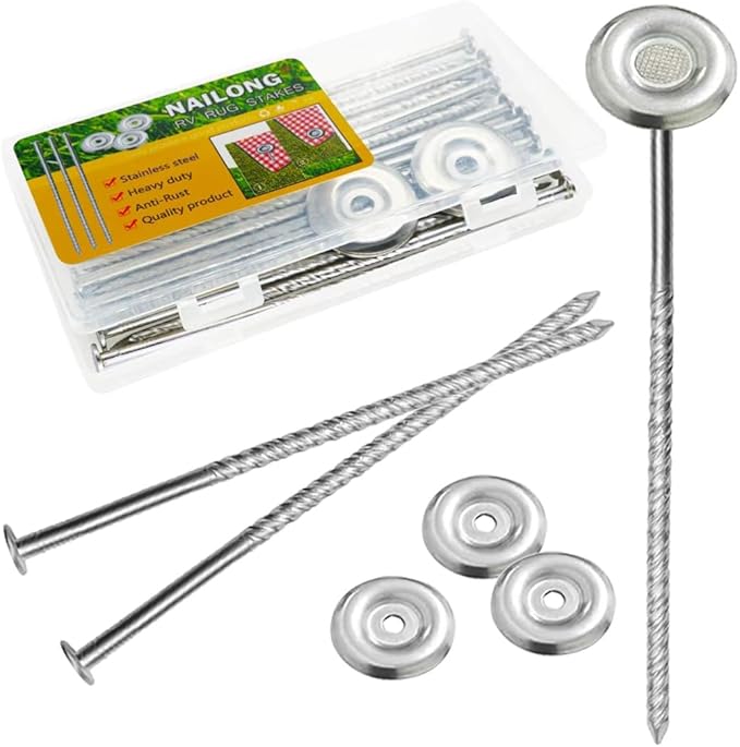 15 Pack Outdoor Rv Rug Stakes, Stainless Steel Spira Patio Mats Stakes, Used for Fixing Rugs, Tents, Tarps, and RV Mats，Rv Camping Accessories for Outside,Camper Must Haves