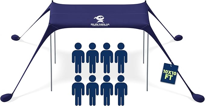 Sun Ninja Beach Tent Sun Shelter UPF50+ - Easy Pop Up Beach Canopy - Outdoor Shade for Camping Trips, Fishing, Backyard Fun Picnics - Sand Shovel, Ground Pegs & Stability Poles