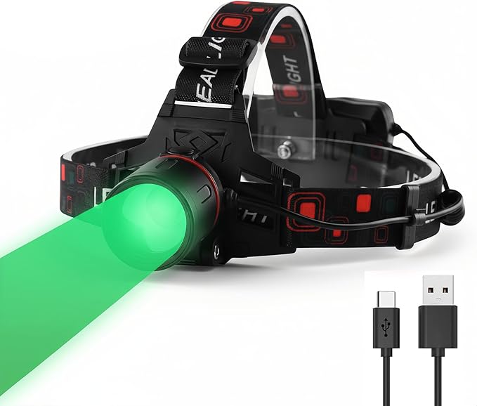 GRACETOP Green LED Headlamp Rechargeable, Zoomable Headlamp with 3 Modes, Hands-Free IPX4 Waterproof for Hunting, Hiking, Camping & Fishing