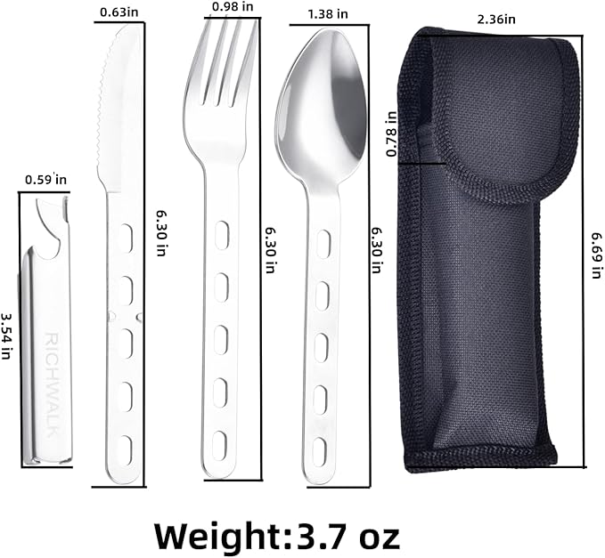 4-in-1 Camping Spoon Fork Knife Combos Set of 4 - Portable Stainless Steel Flatware Spoon Fork kit - forks Knife & Bottle Opener Combo Pack for Picnic Hiking Travel