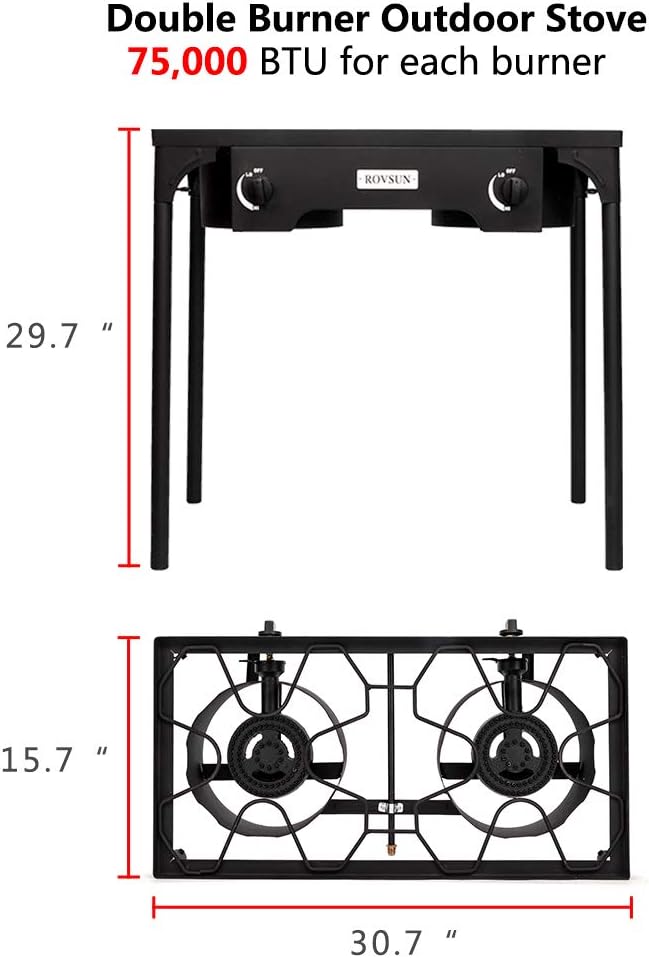 Bonnlo 2 Burner Outdoor Portable Propane Stove Gas Cooker, Heavy Duty Iron Cast Patio Burner with Detachable Stand Legs for Camp Cooking (2-Burner 150,000-BTU)