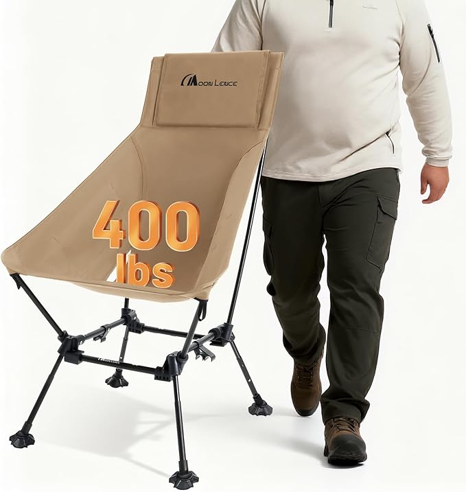 MOON LENCE Oversized High Back Camping Chair for Adults, Height Adjustable Folding Chair with 400 lbs Capacity, Hidden Pillow Pocket and Wide Seat for Camping, Base Camp, Fishing, Overlanding, Khaki