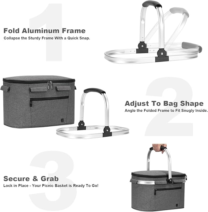 ALLCAMP Insulated Cooler Bag Portable Collapsible Picnic Basket Cooler Bag Collapsible, Leakproof, Lightweightwith Sewn in Frame (Medium Gray)
