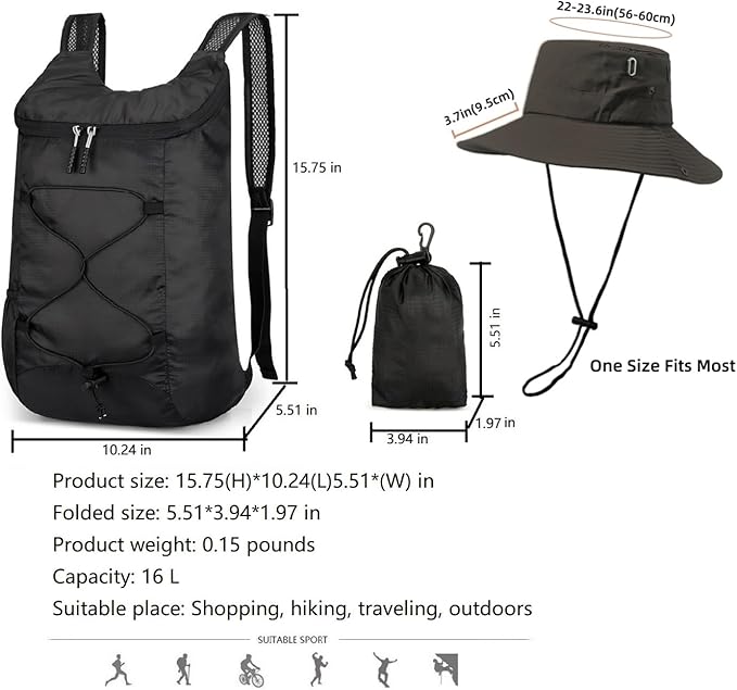 16L Foldable Backpack & Bucket Hat 2 In 1 Combo, Lightweight packable Travel Set, Compact Daypack with Sun Hat (Black)