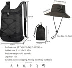 16L Foldable Backpack & Bucket Hat 2 In 1 Combo, Lightweight packable Travel Set, Compact Daypack with Sun Hat (Black)