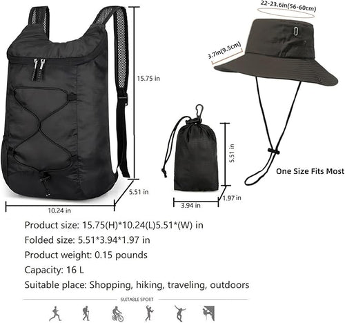 16L Foldable Backpack & Bucket Hat 2 In 1 Combo, Lightweight packable Travel Set, Compact Daypack with Sun Hat (Black)