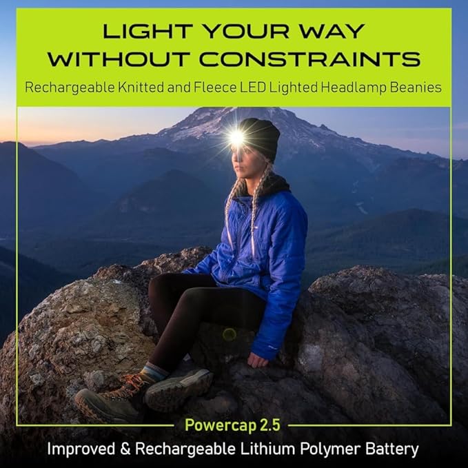 POWERCAP LED Hat Light 150 Lumens Rechargeable Fleece Beanie with Bright Built-in Headlamp Waterproof LED Warm One Size Cap