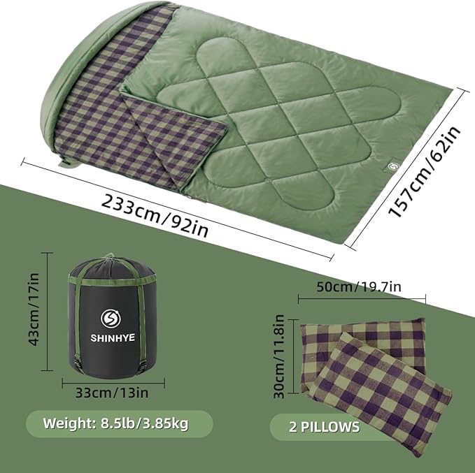 ShinHye Double Sleeping Bag for Adults with 2 Pillows, Camping Sleeping Bags Flannel Cotton 2 Person Sleeping Bags XXL Queen Size Sleeping Bag for Cold Weather