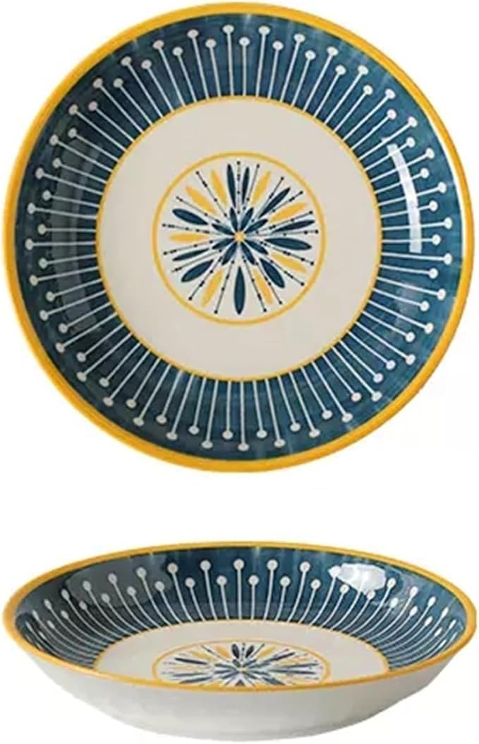 Camping Plates Ceramic Dinner Plate Home Kitchen Round Ceramic Tableware Retro Pattern Dessert Salad Plate Dinner Plate Decorative Plate(A)