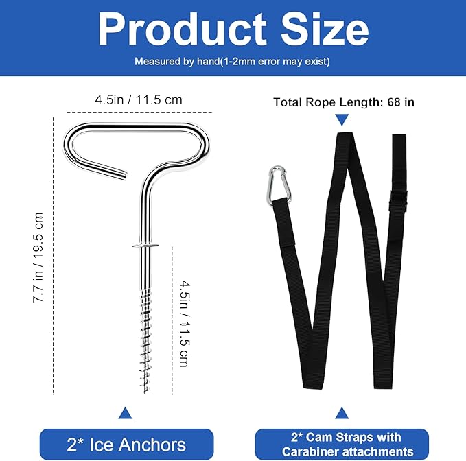 Deluxe Shelter Tie Down Kit 24260 Fit for Eskimo Ice Fishing Tent, Ice Shelter Anchors Accessories for Setting Up Shelter Shanty - Includes 2 Cam Straps & 2 Self-tapping Ice Anchors with Strong Grip