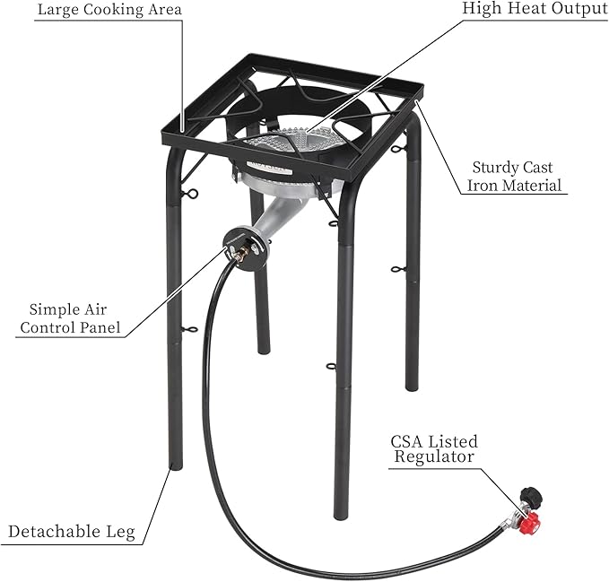 ROVSUN 200,000 BTU Powerful Propane Burner, High Pressure Portable Single Gas Stove Cooker with Adjustable Height & 20psi Regulator for Outdoor Camp Cooking Home Brewing Turkey Frying Maple Syrup Boil