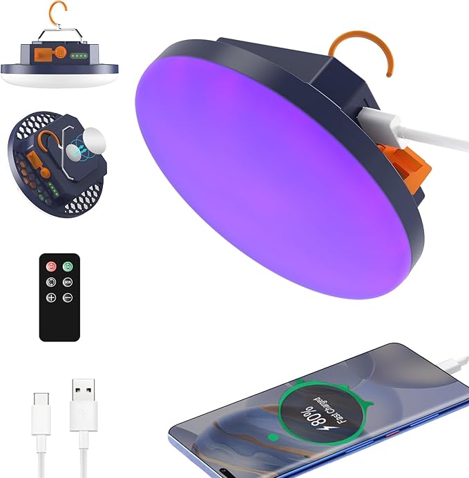 10000mAh Rechargeable UV Light 395nm UV / 6500K Camping Blacklight , 3000 Lumens Tent Light, Glow Lights for Party , Bedroom, Fluorescent Poster , Dog/Cat Urine Halloween Black Light (UV) (Remote)
