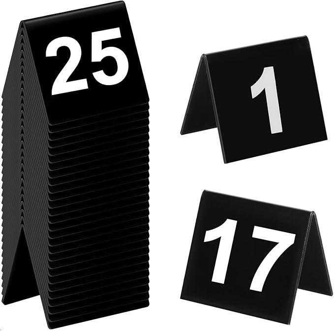 25 Pcs Acrylic Double Sided Table Numbers 1-25, Tent Style Table Tents for Restaurant Wedding Party Banquets Reception Events, Black, 2.48 x 2.17 Inches