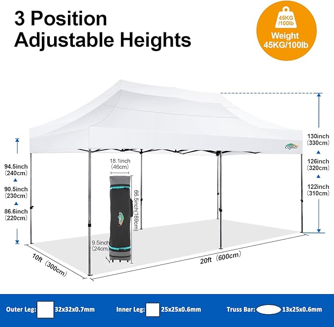 COBIZI 10x20 Pop Up Canopy Tent,10x20 Canopy with 6 Sidewalls,Waterproof Heavy Duty Commercial Canopy Tent for Parties Outdoor Garden Gazebo, Carry Bag with Wheel(10x20ft, White)