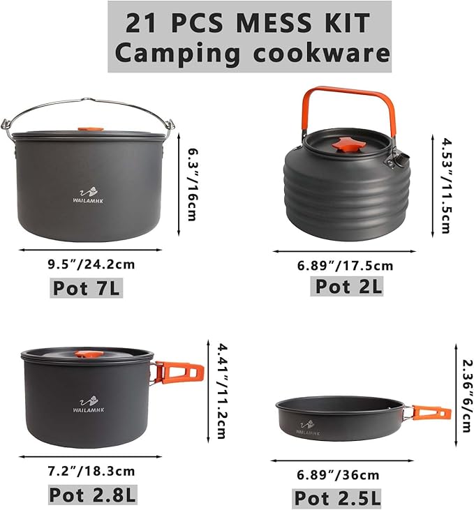 Camping Cookware Mess Kit with 3500W Stove, 7L Hanging Pot, 10L Water Bucket & Tableware Set for Outdoor Camping & Hiking