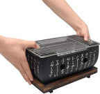 Japanese Style Hibachi Grill, Portable Tabletop Yakitori Charcoal Grill for Indoor Outdoor BBQ with Wooden Base & Wire Mesh 4.9x4.5x9.4in