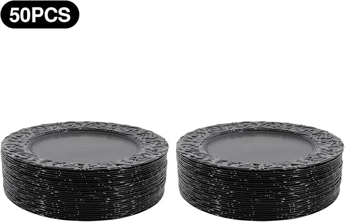 50 Pcs Black Charger Plates Bulk, 13" Round Dinner Charger Plates, Decorative Plastic Embossed Table Chargers for Wedding Holiday Party Baby Shower Event Decoration (Black)