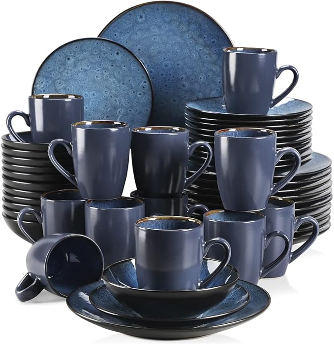 GaRcan Dinner Plate Tableware Set Vintage Ceramic Stoneware Set with Dinner&Dessert Plate,Bowl,Coffee Cups/Green-48-Piece (Blue48piece)