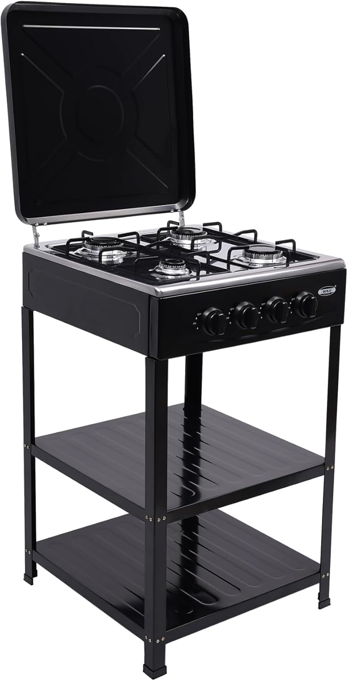 4 Burner Gas Stove, Portable Outdoor Stove with Double storage shelves and Independent Knobs, Heavy Duty Propane Gas Cooker with Wind Blocking Cover for Outdoor Camping BBQ(Black)
