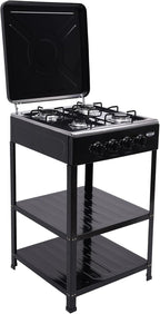 4 Burner Gas Stove, Portable Outdoor Stove with Double storage shelves and Independent Knobs, Heavy Duty Propane Gas Cooker with Wind Blocking Cover for Outdoor Camping BBQ(Black)