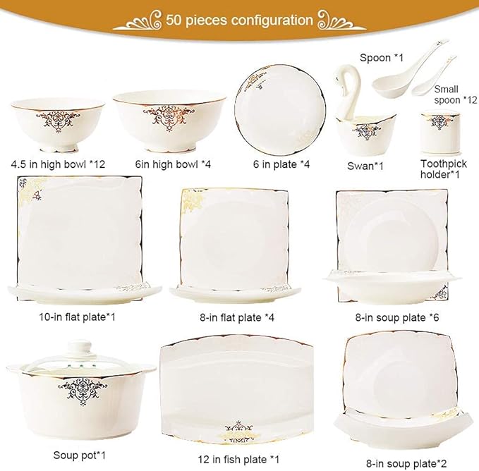 Ceramic Tableware Set with 50 Pieces, Bowl/Soup Pot/Spoon | Bone China Tableware Set, European Porcelain Combination Set