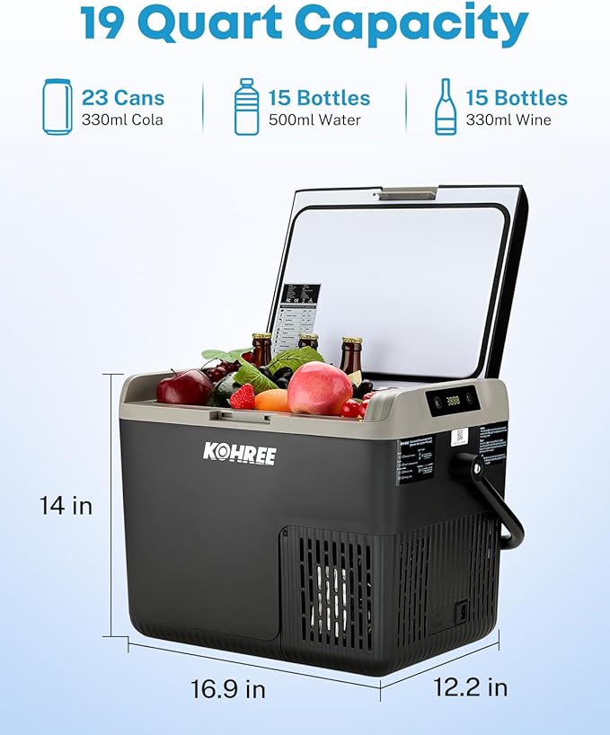 Kohree 12 Volt Car Refrigerator, 19QT(18L) Car Fridge with Large Handle, -4℉~68℉ 12V Electric Cooler 12/24V DC 12/24V DC, 110-240V AC Compressor Portable Freezer for Camping Road Trips Travel
