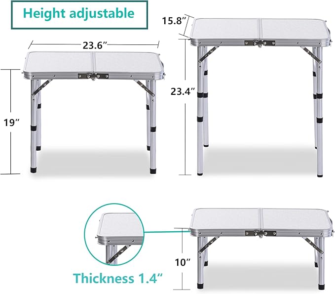 Folding Camping Table with Adjustable Height, 23.6" x 15.8" Portable Lightweight Tables with Aluminum Legs for Outdoor Camp, Picnic, Beach, Backyard, Tailgate Cooking, 3 Heights